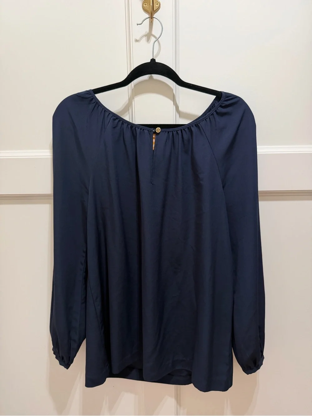Tory Burch Navy Blue Long Sleeve Blouse Gold Logo Hardware Size L